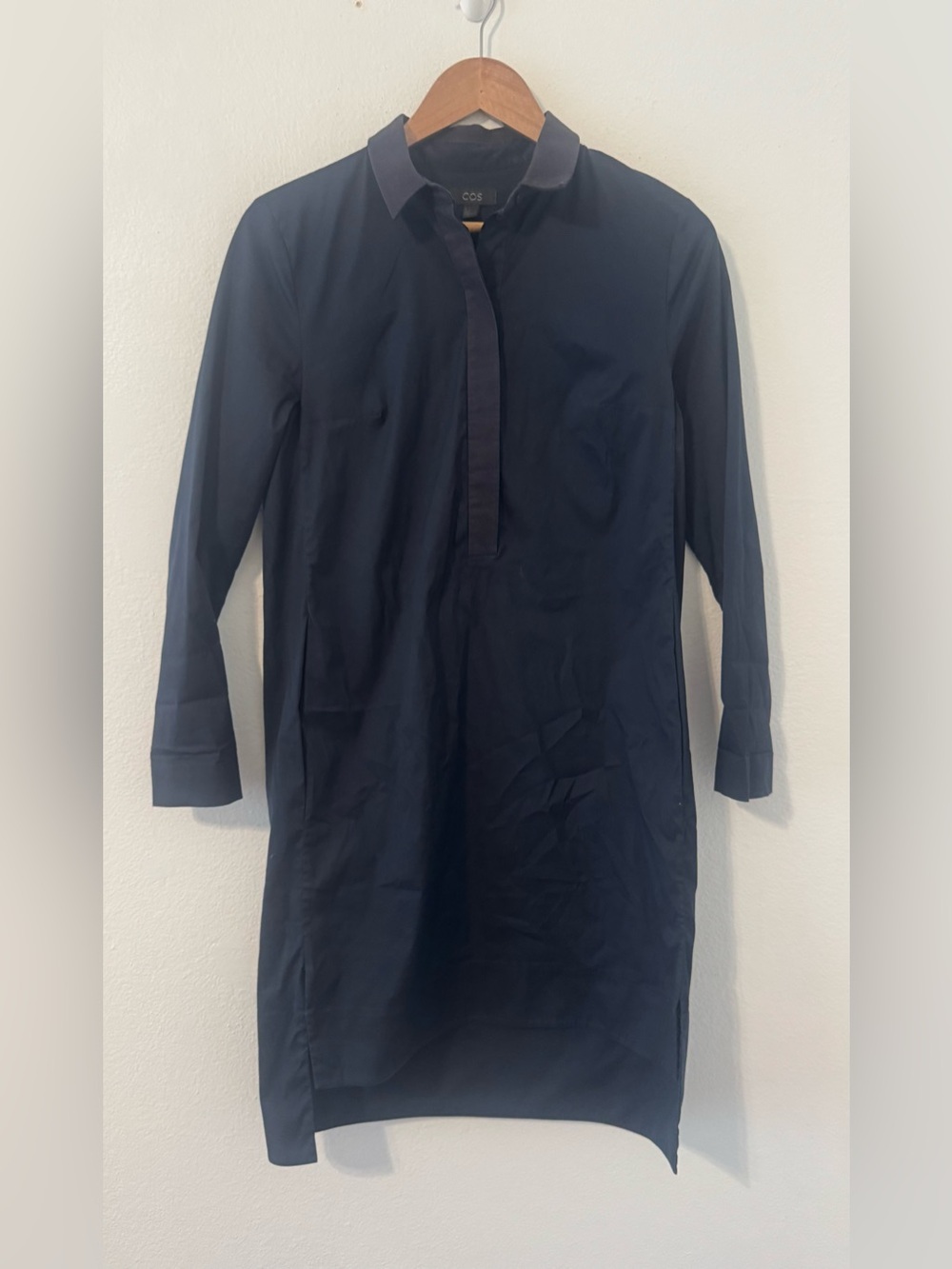 COS Navy Cotton Poplin Long Sleeve Shirt Dress Pockets Black Trim Size 6